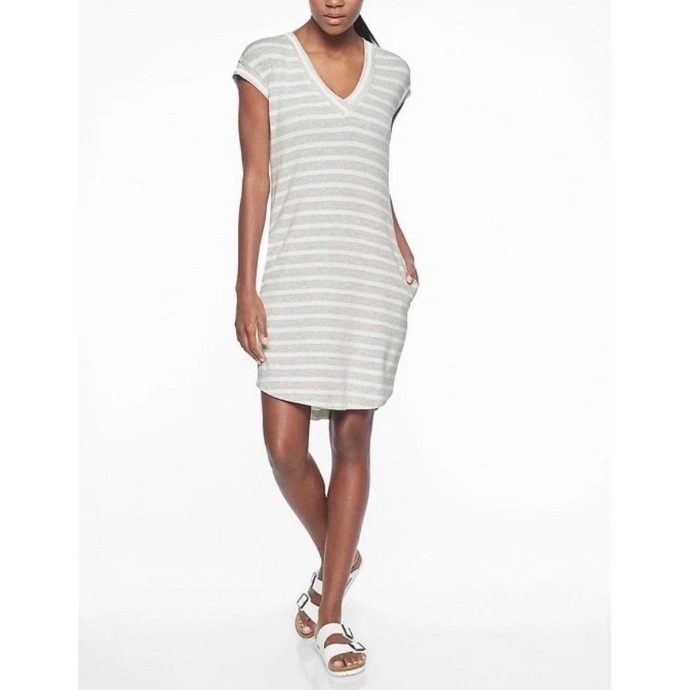 Athleta Newport Sweatshirt Dress Striped V-Neck Grey White XL Pockets